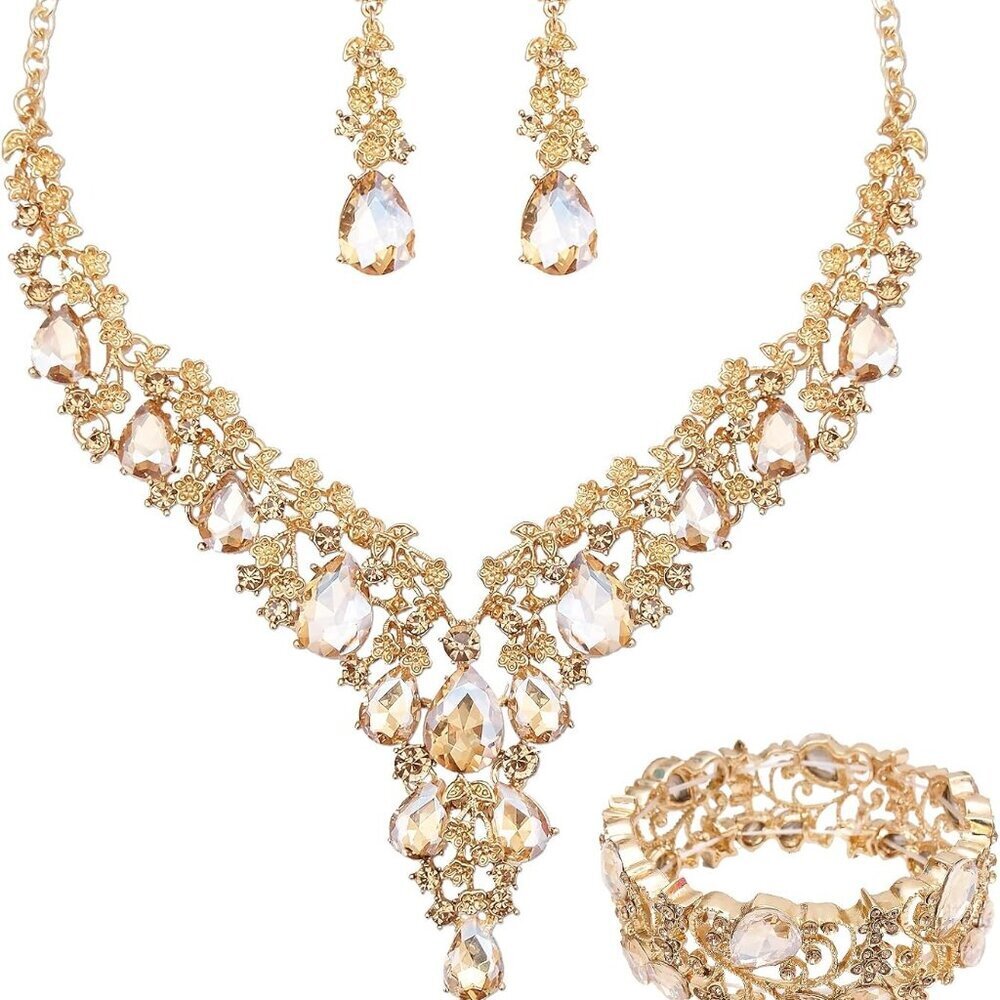 Elegant Crystal Jewelry Set Champagne Gold
